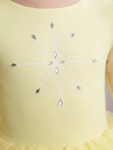 SHEIN 女童印花水鑽連身舞衣，校園競賽芭蕾薄紗裙，可愛亮片泡泡袖舞蹈連身衣，秋冬健身房適用 - 黃色 - 查看 3