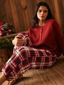Lullawish Women's Gradient Plaid Fuzzy Casual Loungewear Lantern Pants - Hot Pink - View 6