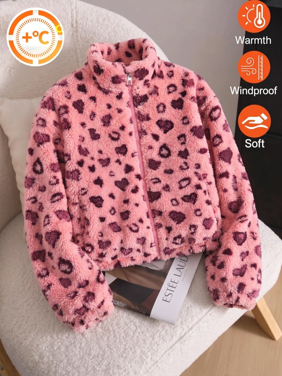 SHEIN 女童棕色白色波點抓絨夾克,復古俏皮風格,立領拉鍊短版設計,修身貼合,甜酷融合,適合多種場合,秋冬必備單品 - 粉色 - 查看 1