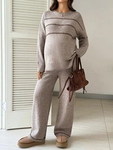 SHEIN Maternity Crew Neck Sweater & Pants Casual Fashion Set - Khaki - View 4