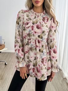 Easowa 女款休閒復古花卉印花高領襯衫，適合秋冬日常穿著 - 彩色 - 查看 5