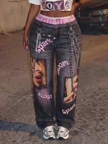 Slaydiva Women's Loose Fashion Denim Jeans With Waist Patchwork Letter & Face Print - Pink - View 5