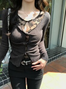 DAZY Women's Lace Patchwork Long Sleeve Fitted Pullover T-Shirt - Black - View 7