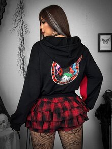 Whyspr Harley Quinn X SHEIN Plus Size Women Anime Character Print Cutout Design Long Sleeve Drawstring Hooded Sweatshirt - Multicolor - View 2