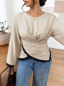 SHEIN Frenchy Plus Size French Lace Patchwork Criss-Cross Tie Blouse - Apricot - View 7