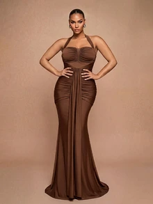 Glamrae Gaun Mermaid Tanpa Tali Leher V Dalam Seksi Elegan Romantis Ukuran Plus Warna Cokelat dengan Kain Rajut Elastis, Rumbai Berkerut, Hem Mermaid Pas Badan dengan Ekor, Cocok untuk Pernikahan, Pesta, Pesta Lajang, Liburan, Pesta Dansa, Gala Malam - Coklat - View 8