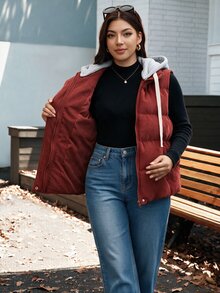 Linhara Plus Size Autumn/Winter Sleeveless Vest With Detachable Hood Cotton Padded - Rust Brown - View 4