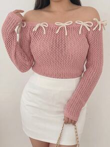 Dazy Plus Korean Style Bow Contrast Color Fitted Square Neck Long Sleeve Hollow Out Sexy Vacation Spring Autumn Thin Knit Sweater - Pink - View 3