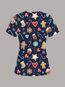 PopScrub Fun Christmas Gingerbread Man Socks Candy Cane Snowflake Christmas Tree Candy House Women's Scrub Uniform Top - Multicolor - View 2