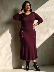 SHEIN LUNE CURVE Plus Size Women Solid Color Long Sleeve Round Neck Metal Button Decor Knit Dress Winter - Burgundy - View 4