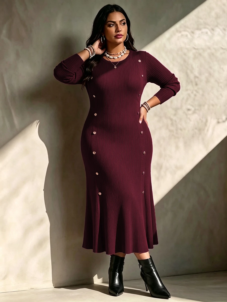 SHEIN LUNE CURVE Plus Size Women Solid Color Long Sleeve Round Neck Metal Button Decor Knit Dress Winter - Burgundy - View 1