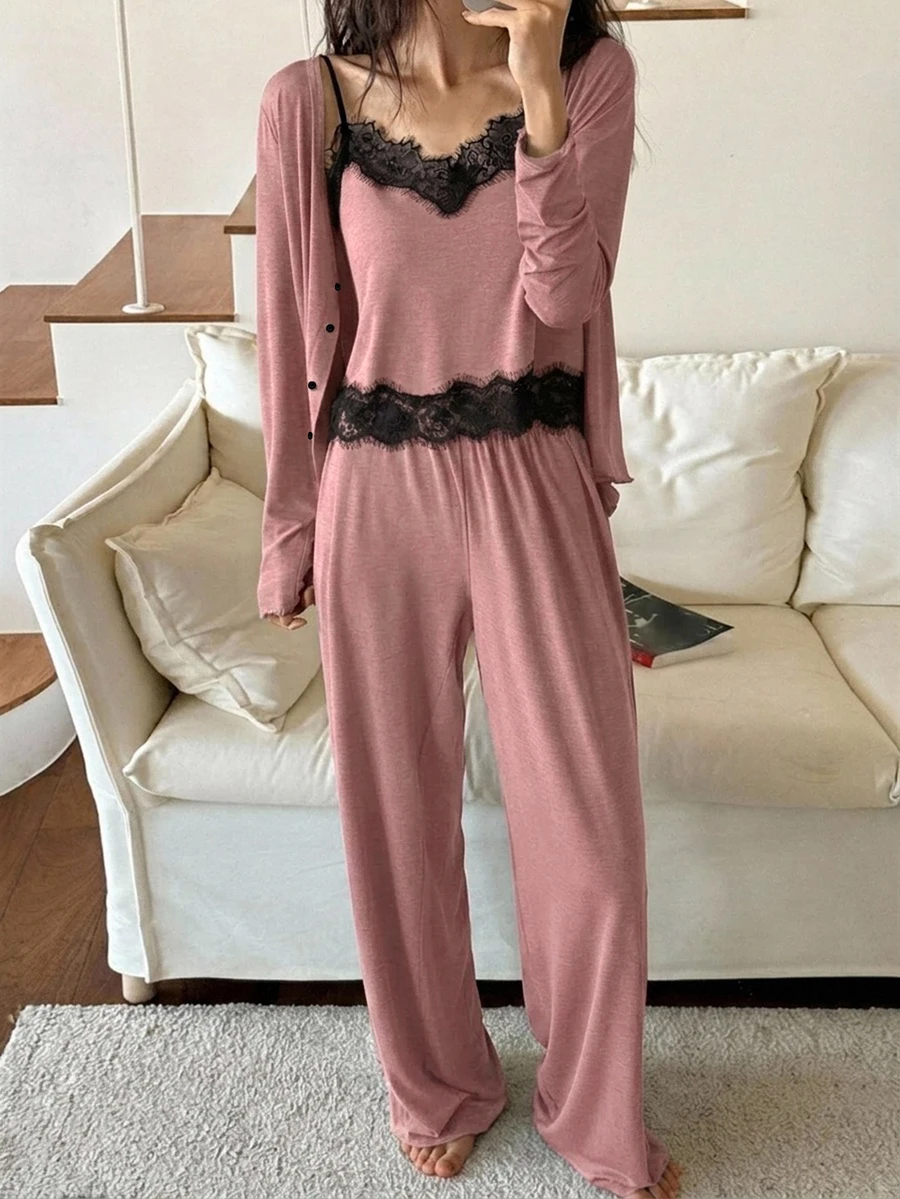 DAZY 3pcs Contrast Color Lace Patchwork Cardigan, Camisole And Pajama Pants Sleepwear Set, Home Pajamas - Pink - View 1