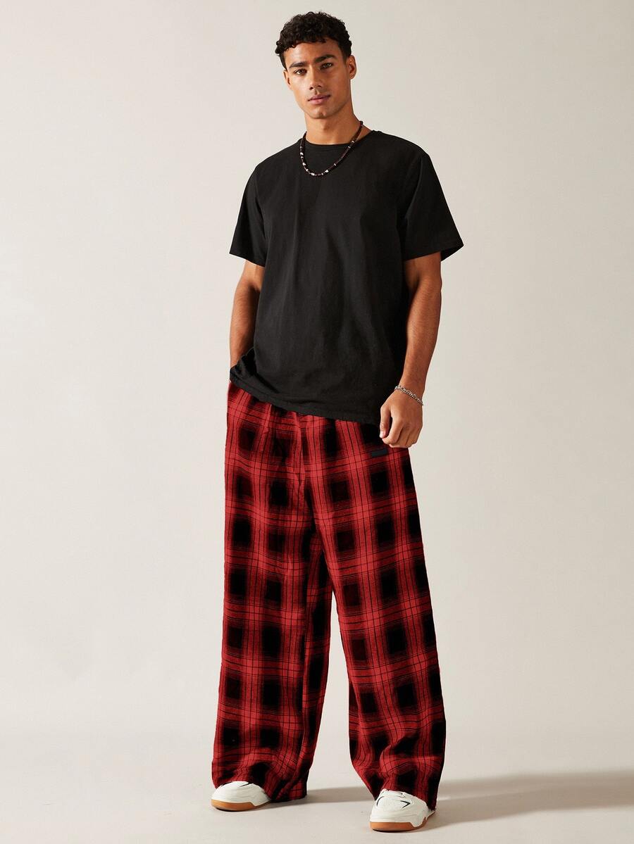 SWAVVY Men's Black & Red Plaid Waist Tie Fashion Versatile Long Pants - Dark Red - View 1