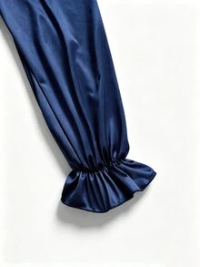 RosyDaze Women's Solid Color Patchwork Ruffle V-Neck Lantern Sleeve Elegant Wide Leg Jumpsuit - Blue - View 6