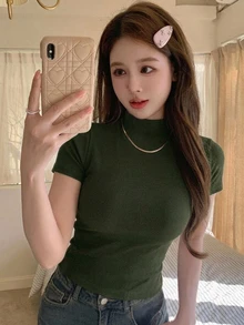 DAZY 女款素色休閒高領修身短袖T恤 - 軍綠色 - 查看 5