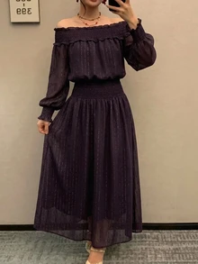 DAZY Women's 2 Pieces Set With Off-Shoulder Shirred Top And Fashionable Flared Skirt - Purple - View 5