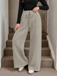 Lacomfia Quần ống rộng size lớn phong cách tối giản, cạp chun rút, có túi, mặc hàng ngày - Màu Khaki - Xem 4