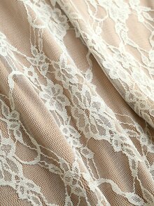 SHEIN Off-White Asymmetrical Shoulder Lace Loose Short Dress - Beige - View 4