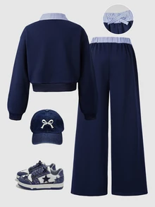 SHEIN Tween女孩2件套V領二合一領口襯衫運動衫寬腿褲秋季校園穿搭校外穿搭海軍藍運動風80年代 - 藏蓝色 - 查看 2