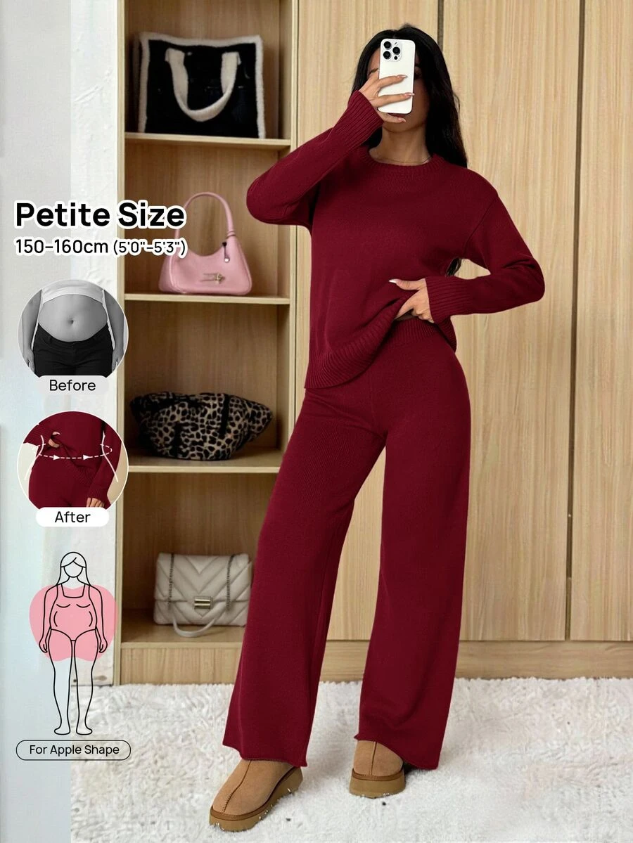 SHEIN PETITE 女款純色圓領長袖毛衣搭配長褲休閒正裝套裝,秋冬款 - 酒紅色 - 查看 1