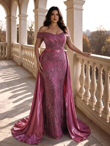 Coutiva Off-Shoulder Heart Neckline Full-Coverage Heavy Beaded Embroidery Fitted Mermaid Floor-Length Gown - Dark Purple - View 7
