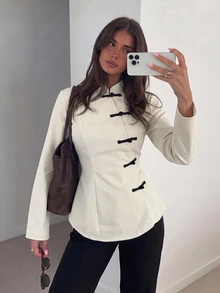 Modelyn Women's Chinese Style Stand Collar Black And White Checkered Contrast Color Frog Button Long Sleeve Shirt, Autumn Fall/Winter Brunch Elegant - White - View 4