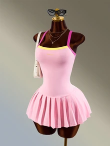 Amplova Women's Exposed Seam Design Patchwork Contrast Color Sporty Pleated Cami Dress Pink And Yellow Tennis Daily Fashion Workout Gym Going Out Casual - Pink - View 2