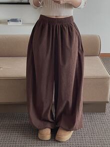 DAZY Solid Color Loose Leg Drawstring Corduroy Thickened Wide Leg Pants Autumn/Winter Women's Long Pants - Coffee Brown - View 7