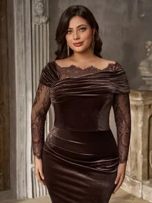 Aureia Plus Size Brown Lace Patchwork Elastic Velvet Mermaid Elegant Asymmetrical Shoulder Evening Gown - Coffee Brown - View 1