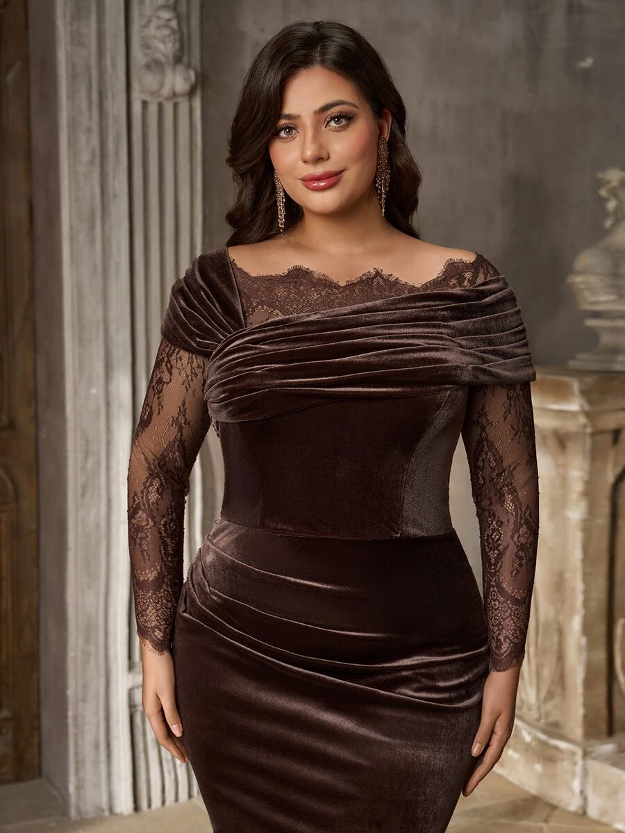 Aureia Plus Size Brown Lace Patchwork Elastic Velvet Mermaid Elegant Asymmetrical Shoulder Evening Gown - Coffee Brown - View 1