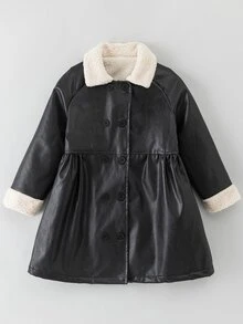 SHEIN 女童落肩袖雙排扣泰迪毛內裡大衣 冬季 - 黑色 - 查看 5