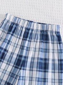 SHEIN 2件組嬰兒男童女童長袖格紋領短袖鈕扣上衣＋鬆緊腰長褲兩件套格紋睡衣家居服，適合秋冬 - 彩色 - 查看 6