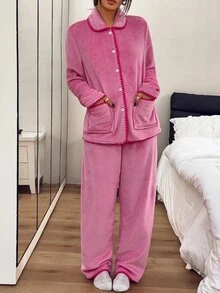 Napfluff Women's Coral Fleece Thickened Long Sleeve Long Pants Casual Loungewear - Hot Pink - View 6