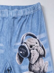 SHEIN 青少年女孩秋冬白色圓領長袖泰迪熊圖案T恤與藍色印花褲腿緊身褲2件式休閒套裝 - 白色 - 查看 5