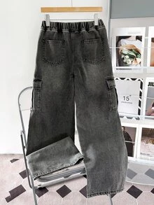 SHEIN 青少年男孩時尚休閒口袋設計黑色寬鬆工裝牛仔褲，青少年男孩服飾，電音派對穿搭 - 黑色 - 查看 2
