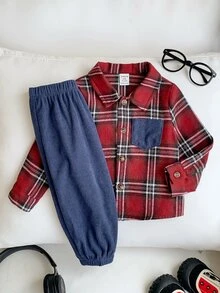 SHEIN 2件組嬰兒男童/女童套裝，秋冬拼色貼袋翻領長袖鈕扣格紋襯衫搭配鬆緊腰長褲，百搭舒適，適合聖誕節 - 彩色 - 查看 5