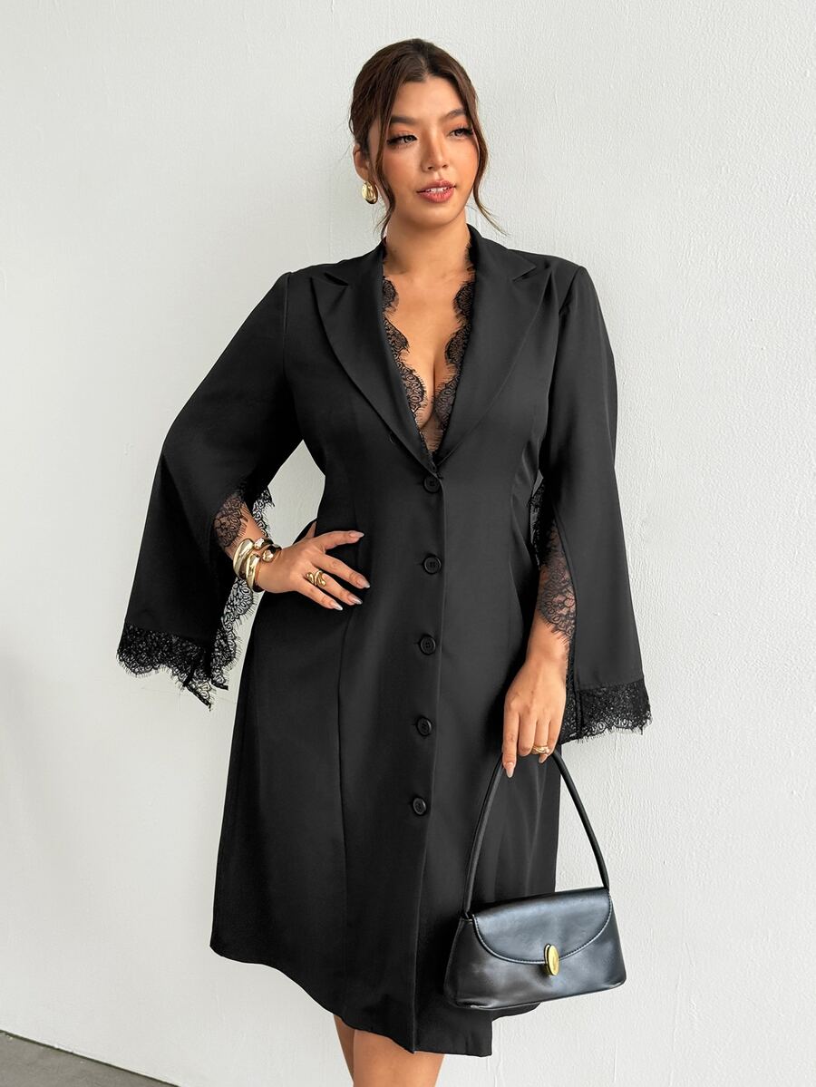 Firerie Vestido elegante de talla grande con patchwork de encaje y botones para otoño - Negro - Ver 1