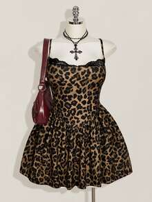 SHEIN ICON Women's Plus Size Leopard Print Contrast Lace Cami Dress - Brown - View 1