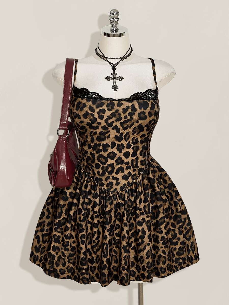 SHEIN ICON Women's Plus Size Leopard Print Contrast Lace Cami Dress - Brown - View 1