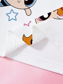 THE POWERPUFF GIRLS X SHEIN Atasan Kasual Lengan Pendek Leher Bulat Motif Kartun untuk Bayi Perempuan - Putih - View 7