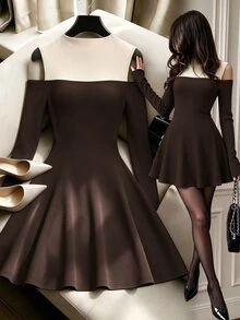 Selianne Design Contrast Color 2 In 1 Cold Shoulder Knit Dress With Semi-High Neck, Long Sleeve, Cinched Waist, A-Line Silhouette, Coffee Brown, Slimming Fit - Multicolor - View 1