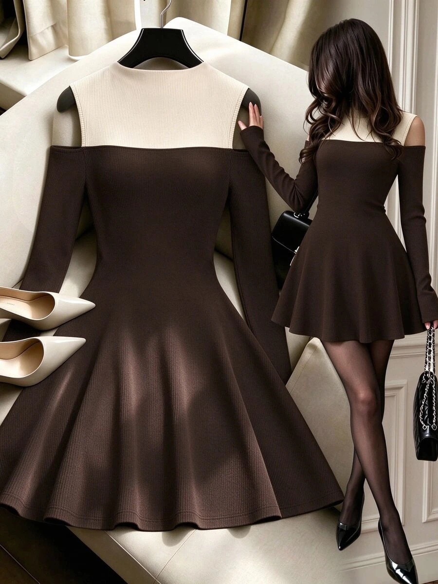Selianne Design Contrast Color 2 In 1 Cold Shoulder Knit Dress With Semi-High Neck, Long Sleeve, Cinched Waist, A-Line Silhouette, Coffee Brown, Slimming Fit - Multicolor - View 1