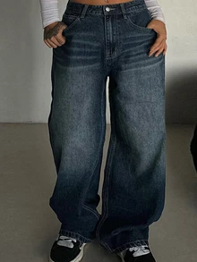 Dazy Plus Celana Jeans Lurus Kasual dengan Jahitan Kontras Warna Polos, Model Santai untuk Komuter, Koleksi Terbaru Musim Gugur - Dark Wash - View 6