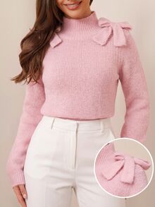 Amorya Women's Bow High Neck Sweater, Winter Sweater - Pink - View 1