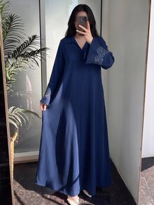 Al Najma Women's V-Neck Button Decor Rhinestone Trim Patchwork Pleated Petal Sleeve Full Skirt Arabic Style Dress Royal Blue Fall/Winter - Navy Blue - View 4