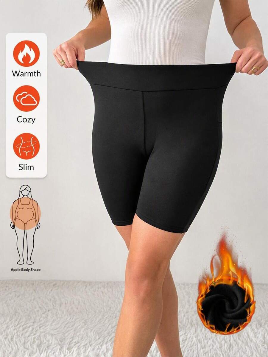 Shapeblank Women's Plus-Size Casual Stretch Shorts – Fleece-Lined, Warm, Basic Black With Pockets – Comfortable For Daily Wear (Autumn/Winter),Bottom - Black - View 1