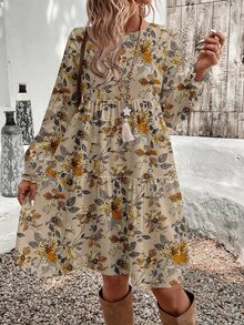 EMERY ROSE Höst/vinter ny avslappnad minimalistisk khaki blomsterprint rundhals lös midiklänning för kvinnor, lämplig för vår/höst Thanksgiving-outfit - Multifärgad - Visa 3