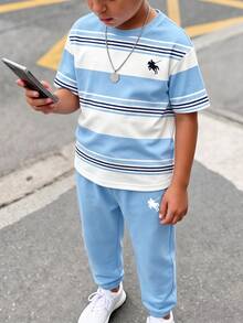 青少年男孩條紋拼色短袖T恤與慢跑褲套裝 - 彩色 - 查看 1