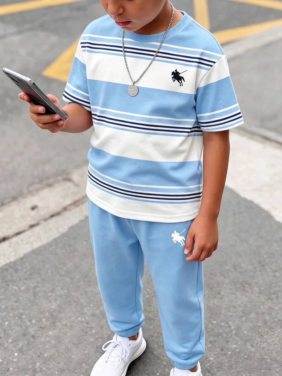 青少年男孩條紋拼色短袖T恤與慢跑褲套裝 - 彩色 - 查看 1