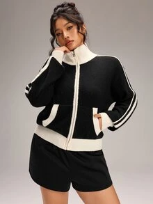 Rosumi Áo cardigan len dệt kim gân kẻ sọc phối màu tương phản có khóa kéo size lớn - màu đen - Xem 3